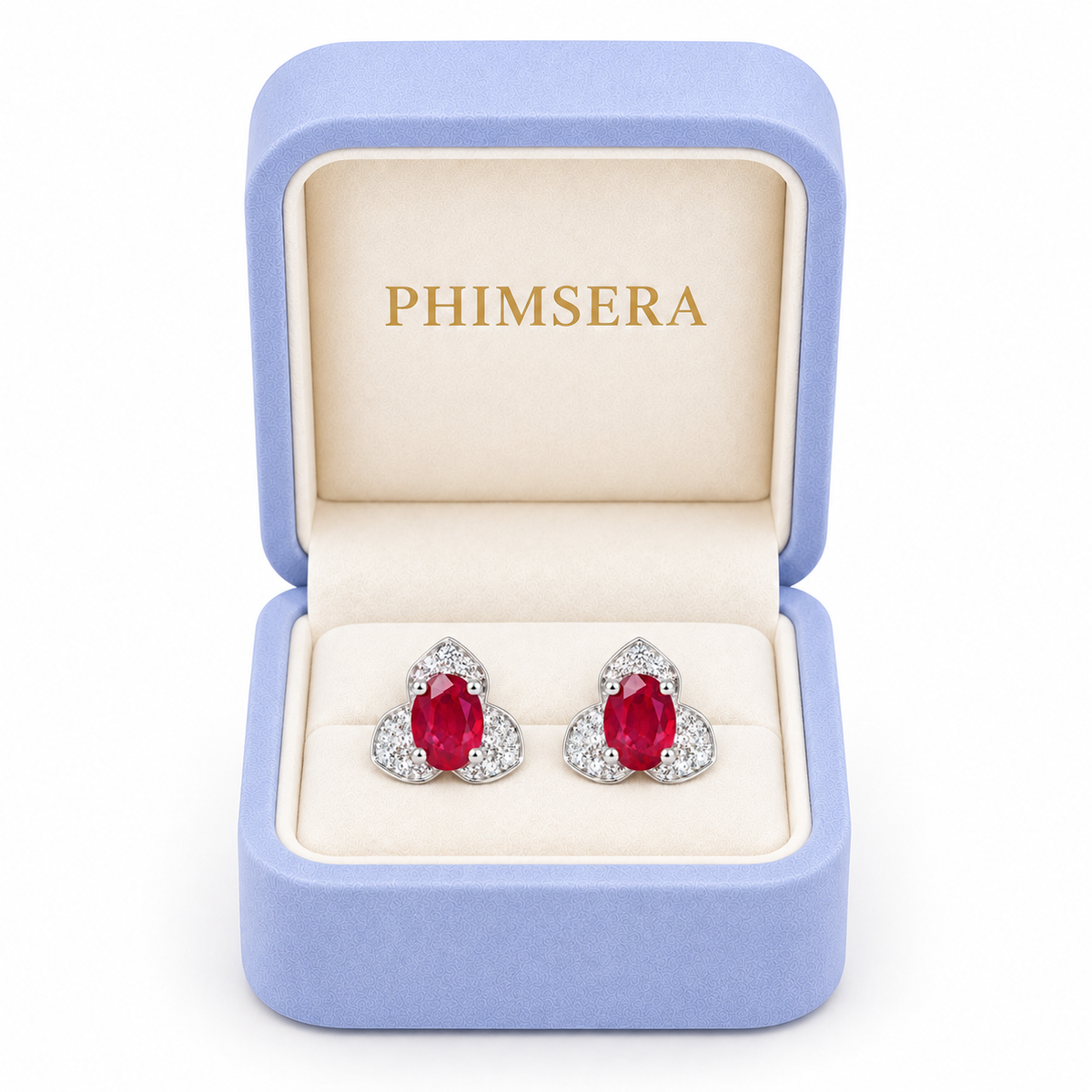 Phimsera natural ruby stud earrings presented in an elegant Phimsera jewelry box
