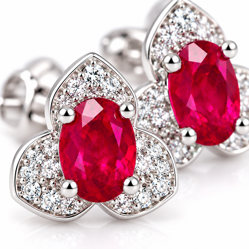 Macro close-up of vivid red 4×6mm oval ruby gemstones and surrounding cubic zirconia accents on Phimsera stud earrings