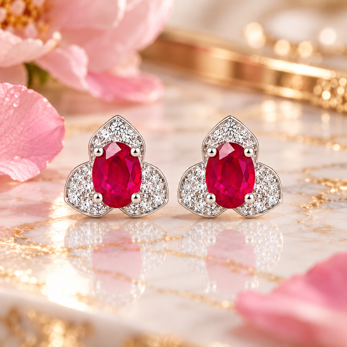 Phimsera natural ruby stud earrings featuring vivid red oval gemstones styled in an elegant jewelry lifestyle setting