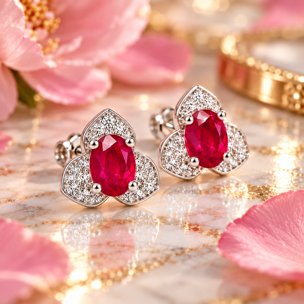 Phimsera natural ruby stud earrings featuring vivid red oval gemstones styled in an elegant jewelry lifestyle setting
