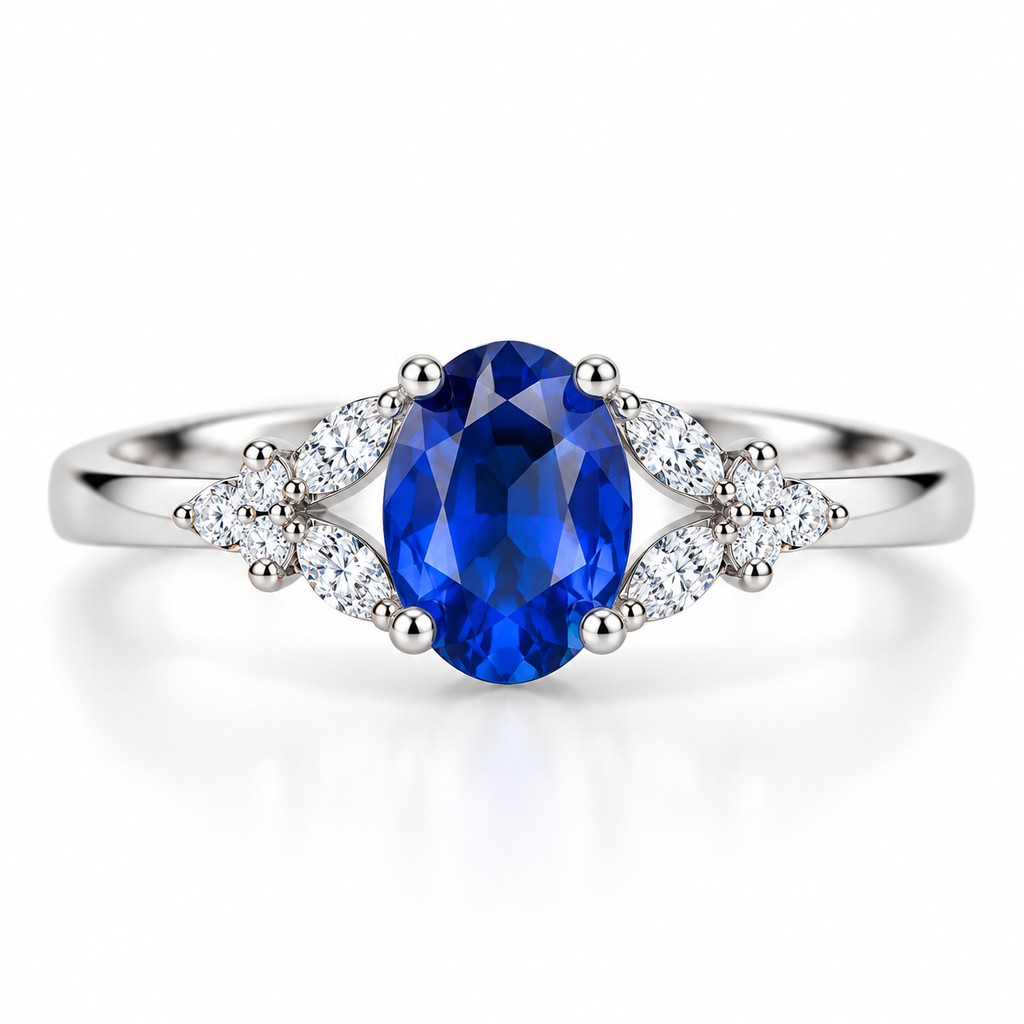 5x7mm oval blue sapphire ring with four-prong setting and clear accent stones in sterling silver