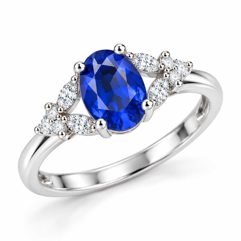 Angled view of 5x7mm oval blue sapphire ring with symmetrical clear accent stones