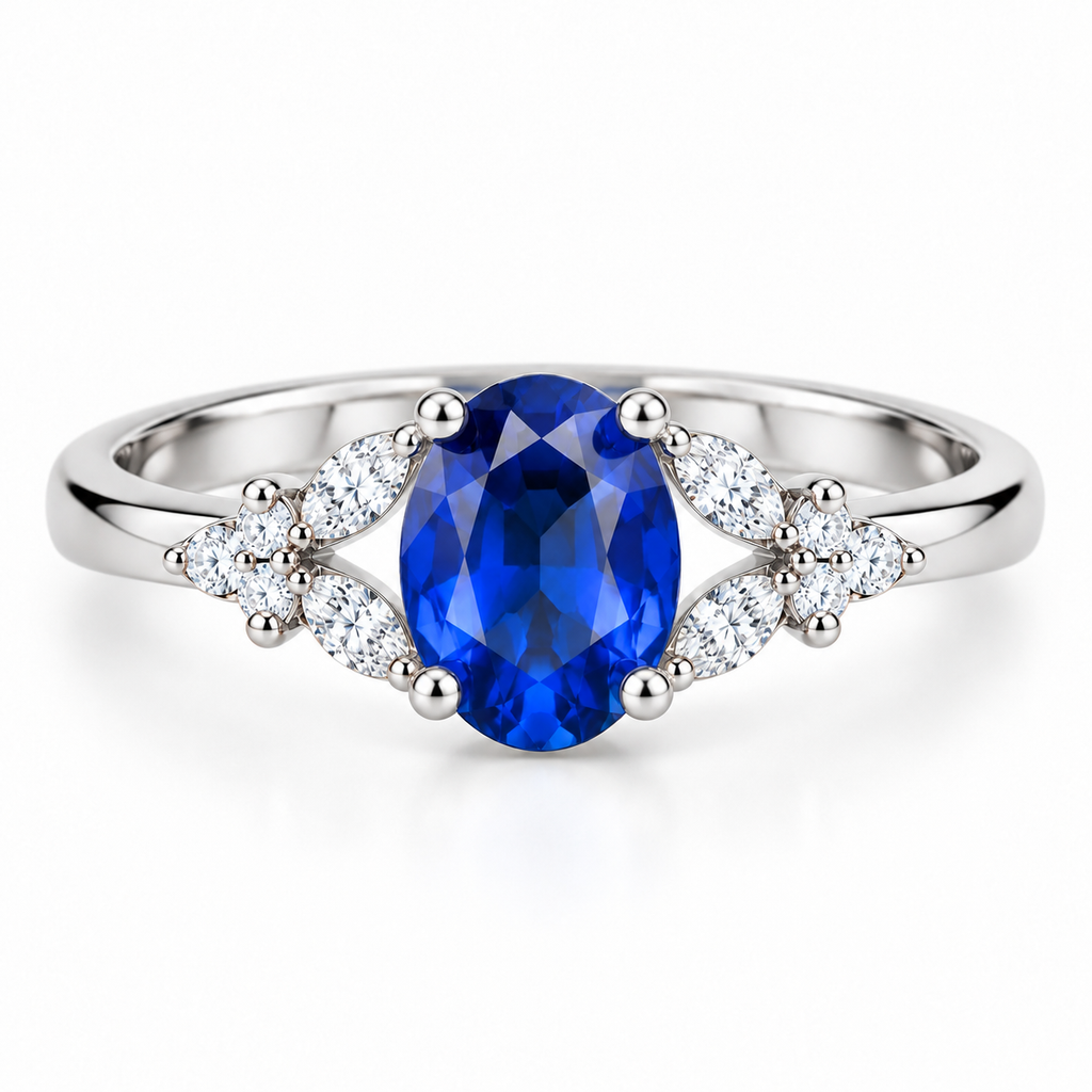 Top view of 5x7mm blue sapphire ring featuring oval gemstone and detailed side accents