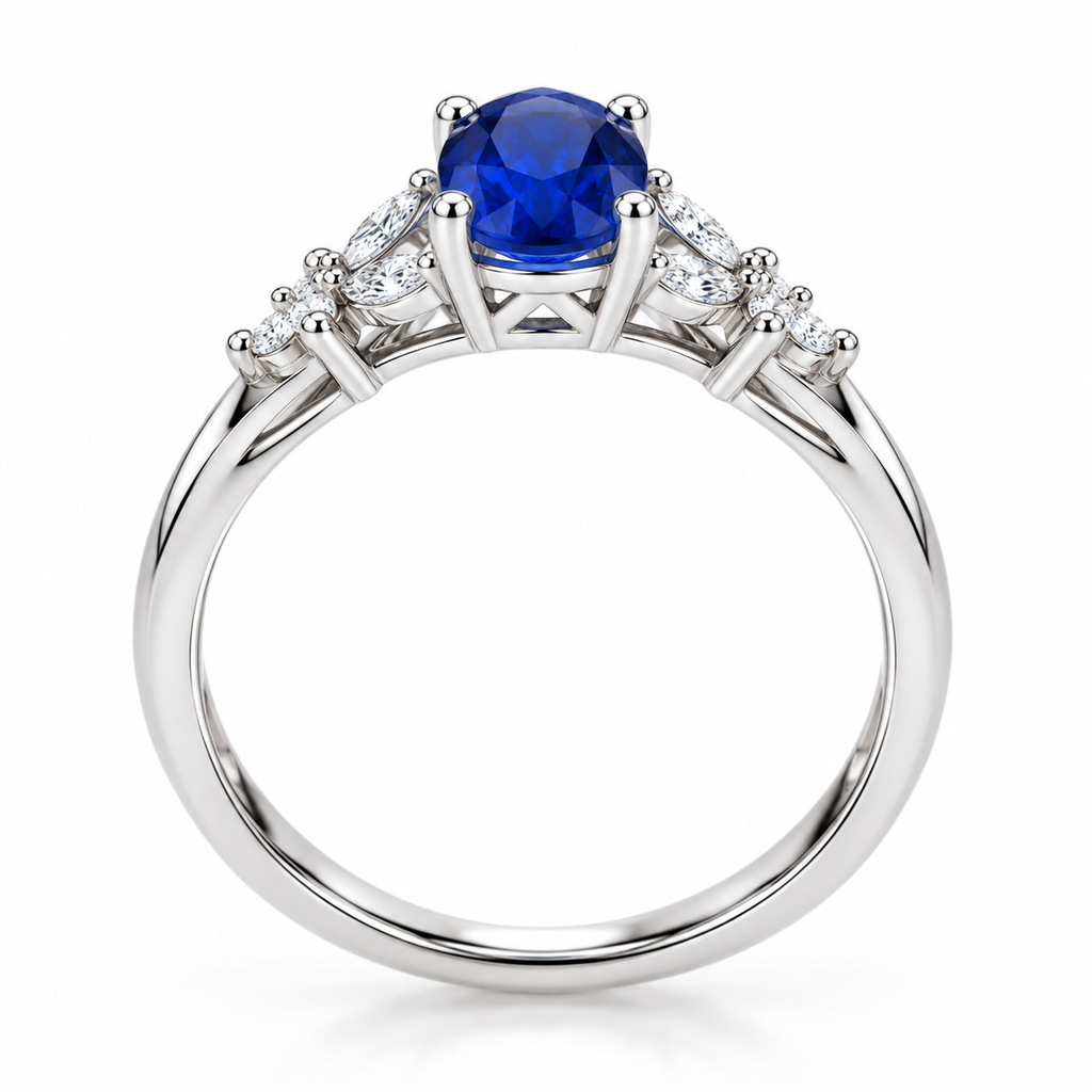 Side profile of 5x7mm oval sapphire ring showing four-prong setting and polished silver band