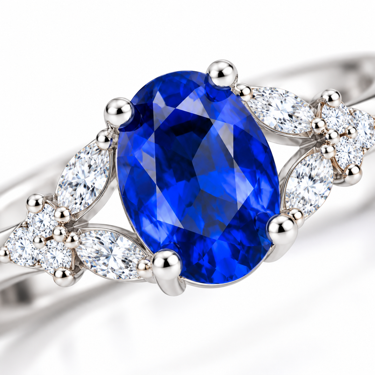 Macro view of 5x7mm blue oval sapphire with detailed prongs and clear accent stones