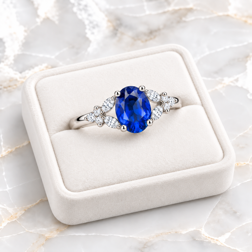 Angled 5x7mm oval blue sapphire ring displayed on a white velvet tray over marble