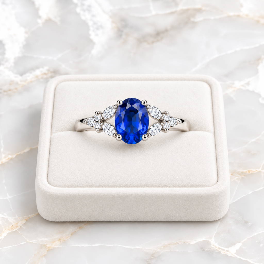 5x7mm oval blue sapphire ring displayed on a white velvet tray over marble