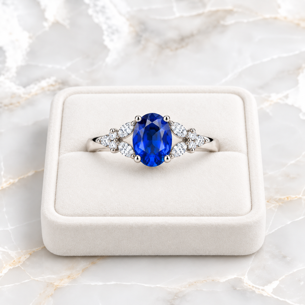 5x7mm oval blue sapphire ring displayed on a white velvet tray over marble