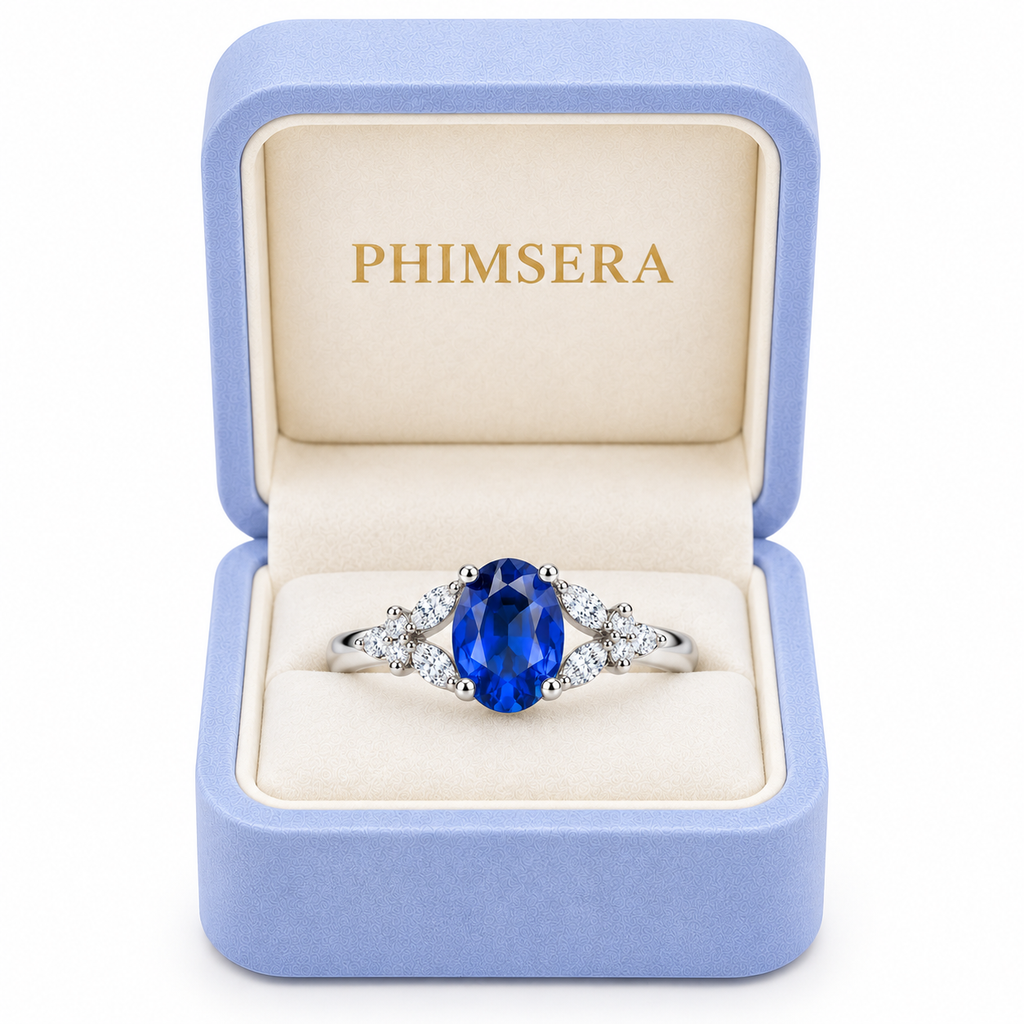 5x7mm oval blue sapphire ring presented in a Phimsera jewelry gift box