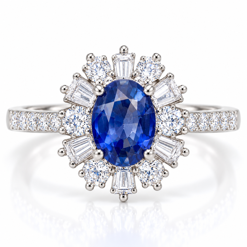 Natural 5×7mm blue sapphire ring with radiant halo and cubic zirconia accents in 925 Sterling Silver on white background