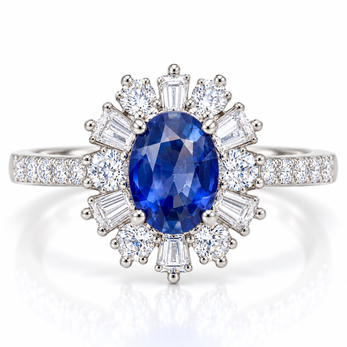 Natural 5×7mm blue sapphire ring with radiant halo and cubic zirconia accents in 925 Sterling Silver on white background
