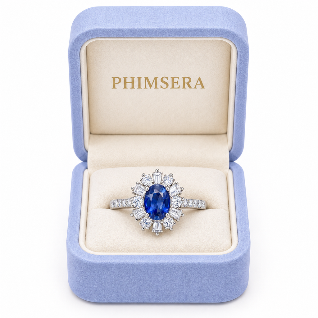 Natural 5×7mm blue sapphire ring presented inside a Phimsera jewelry gift box