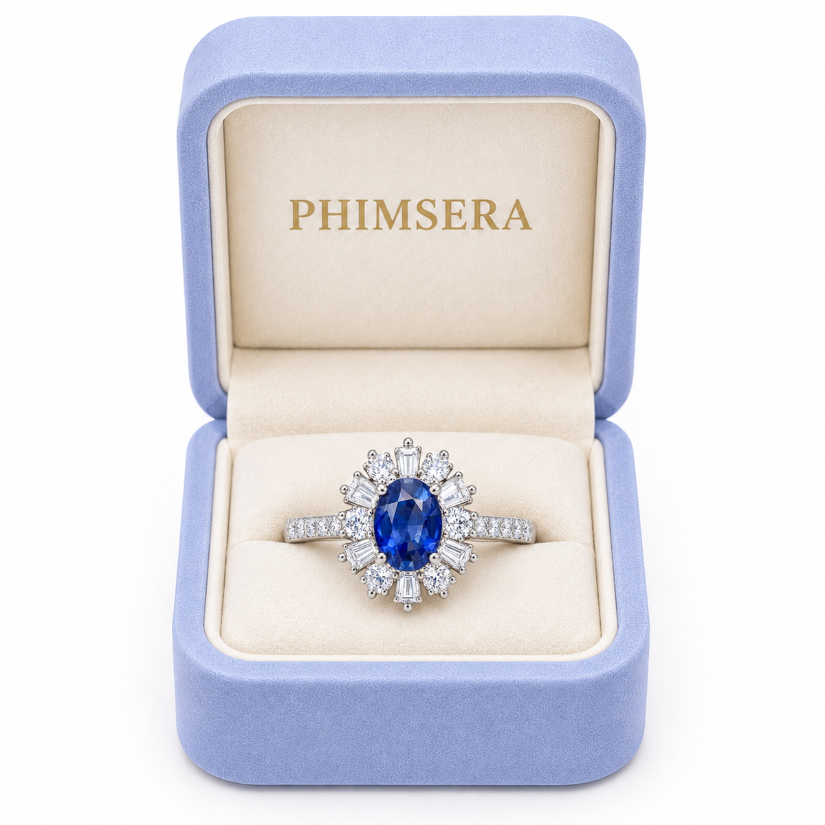 Natural 5×7mm blue sapphire ring presented inside a Phimsera jewelry gift box