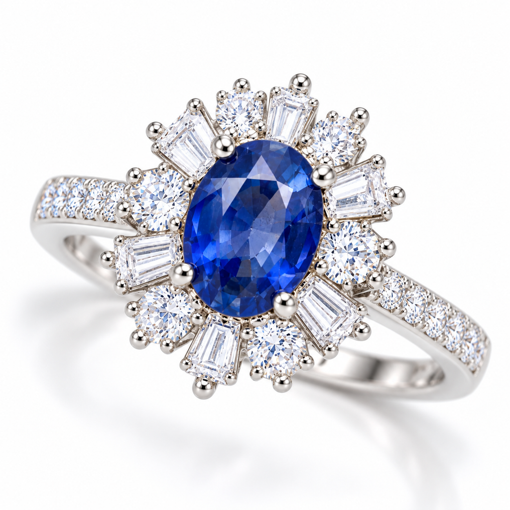 Natural 5×7mm oval blue sapphire ring shown at a three-quarter angle with radiating halo and accent-set band