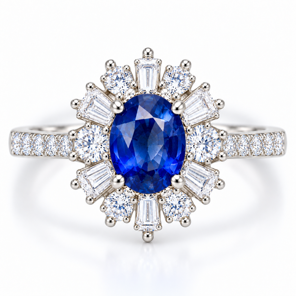 Top-down view of natural 5×7mm blue sapphire halo ring in 925 Sterling Silver