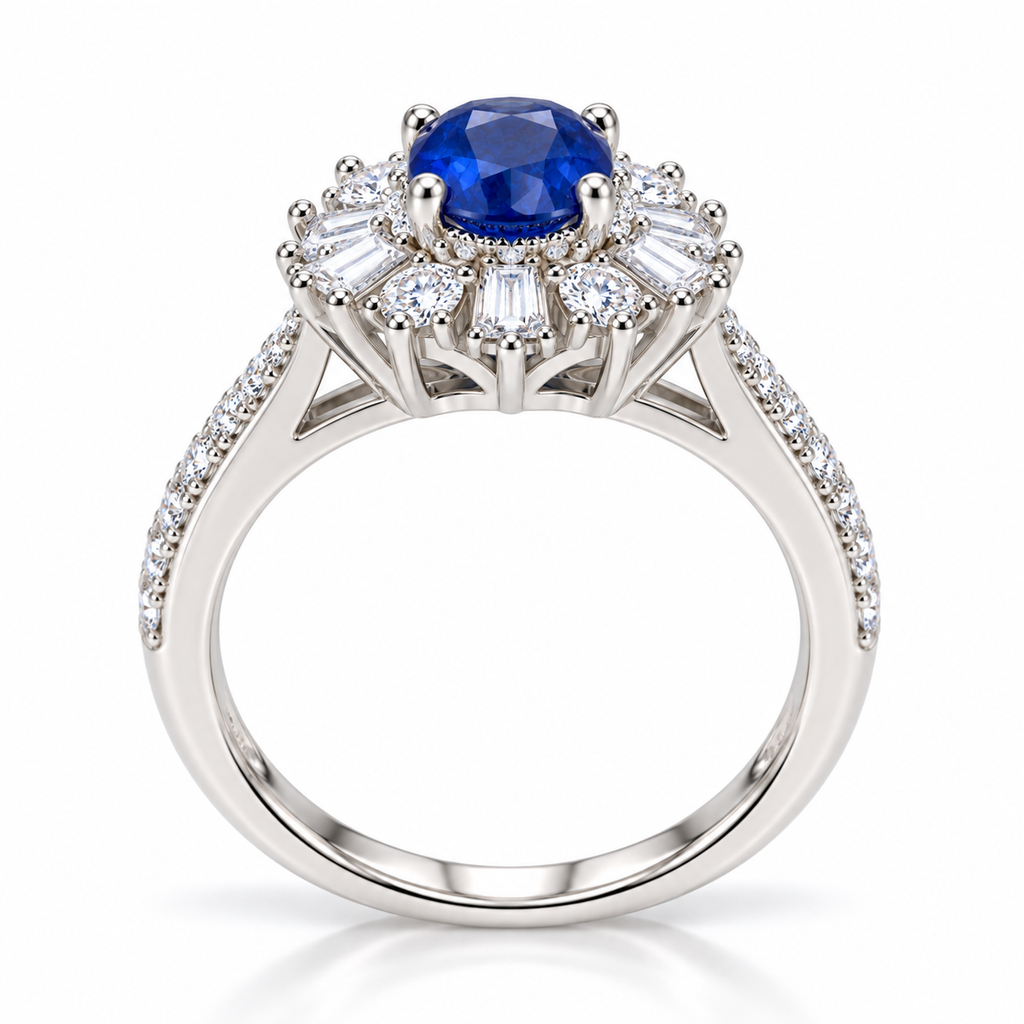 Side profile of natural blue sapphire ring showing elevated 5×7mm oval gemstone setting and detailed halo