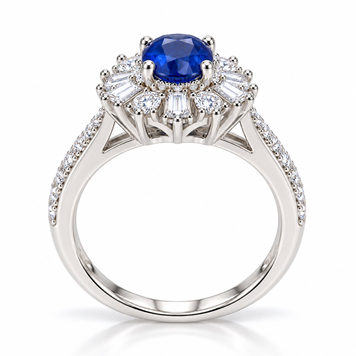 Side profile of natural blue sapphire ring showing elevated 5×7mm oval gemstone setting and detailed halo