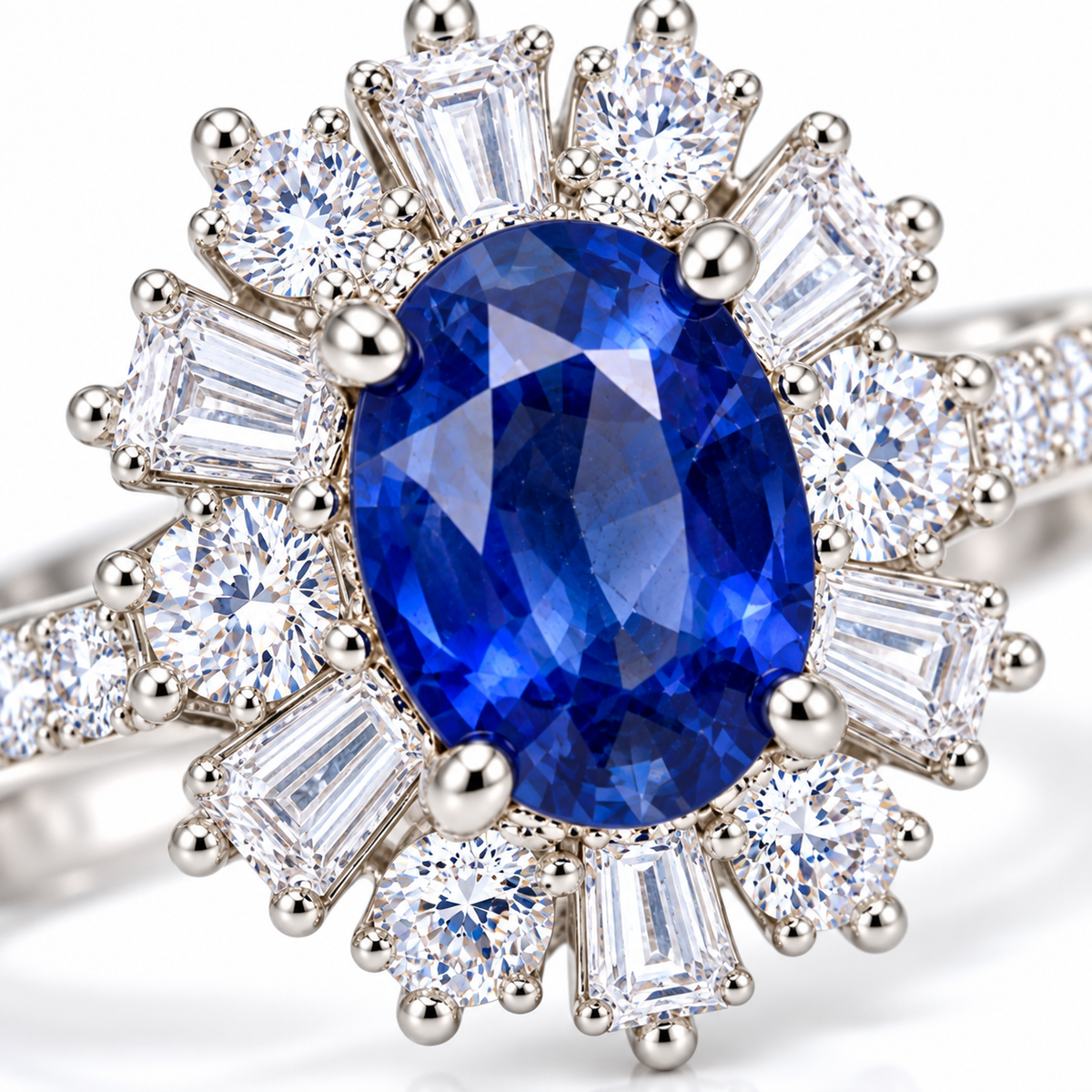 Macro close-up of natural 5×7mm blue sapphire surrounded by round and elongated cubic zirconia accents