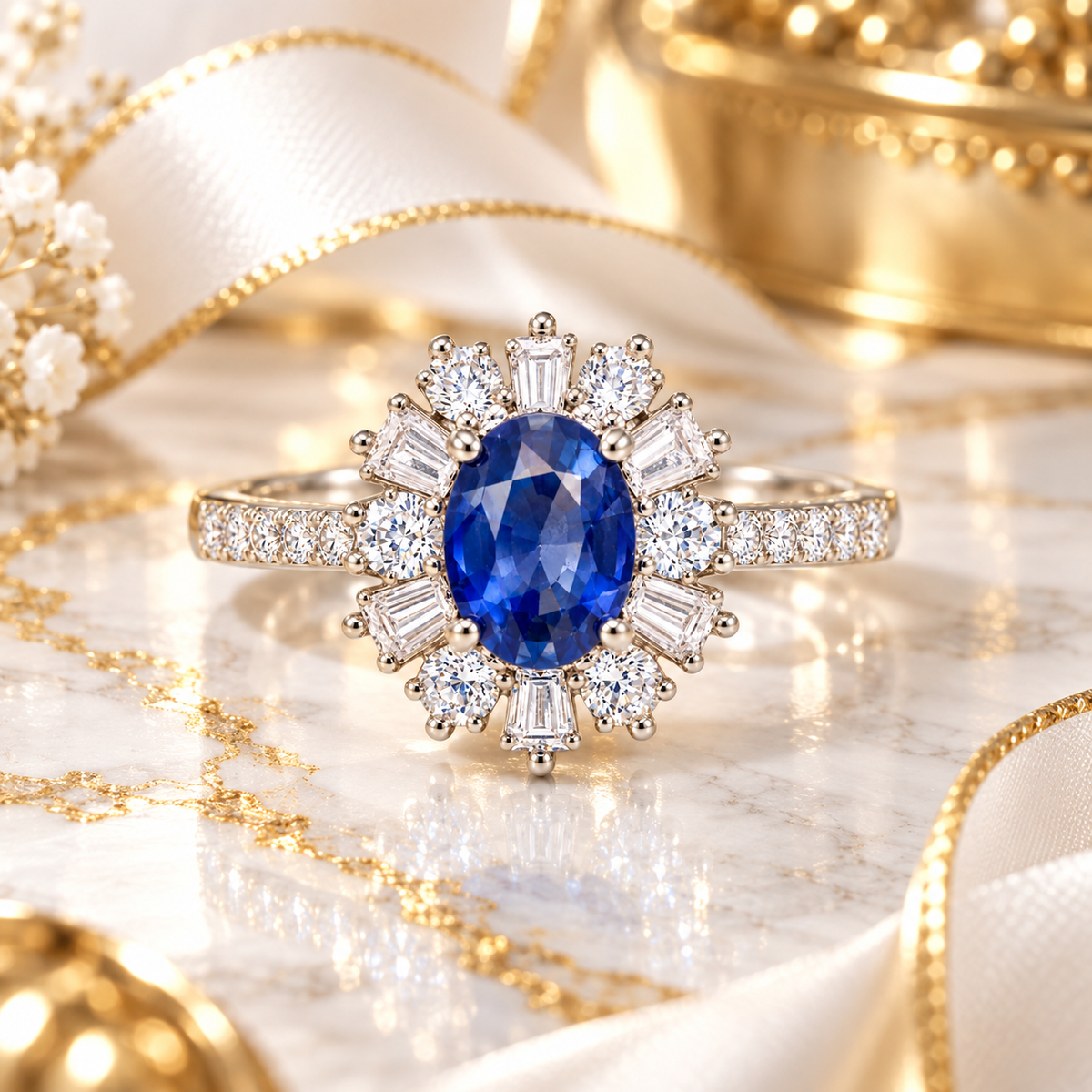 Natural 5×7mm blue sapphire ring displayed on elegant marble with soft floral accents