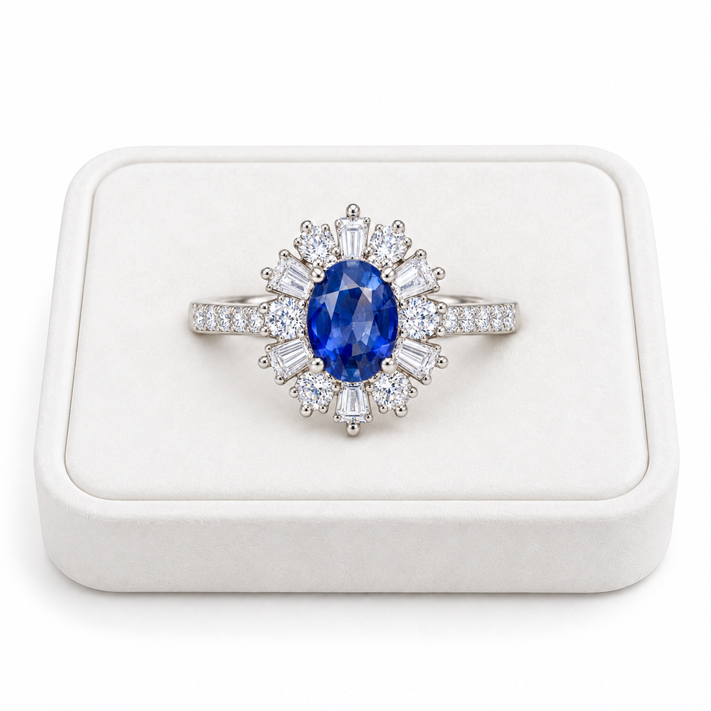 Natural 5×7mm blue sapphire ring displayed on a premium white velvet jewelry tray