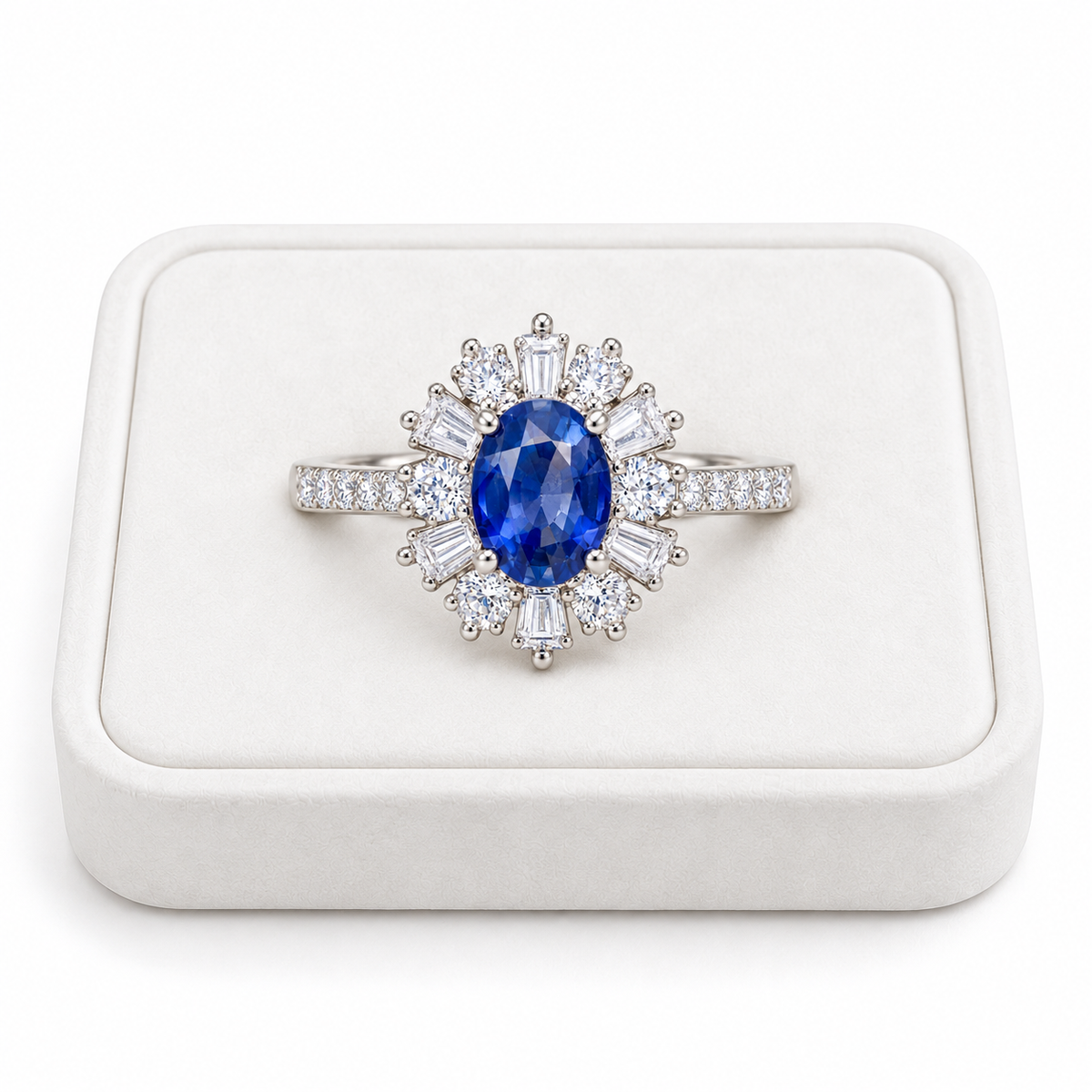 Natural 5×7mm blue sapphire ring displayed on a premium white velvet jewelry tray