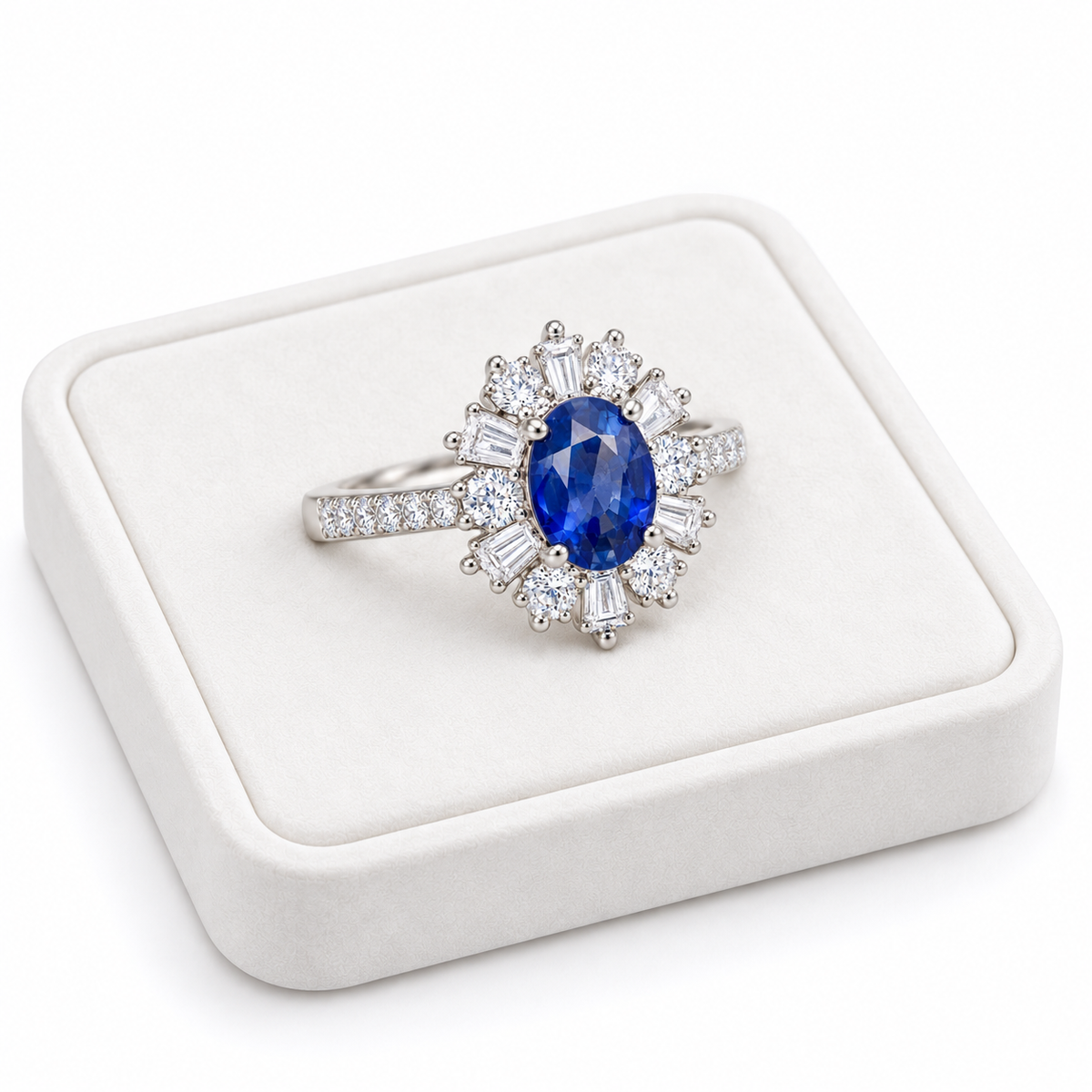 Natural 5×7mm blue sapphire ring displayed on a premium white velvet jewelry tray