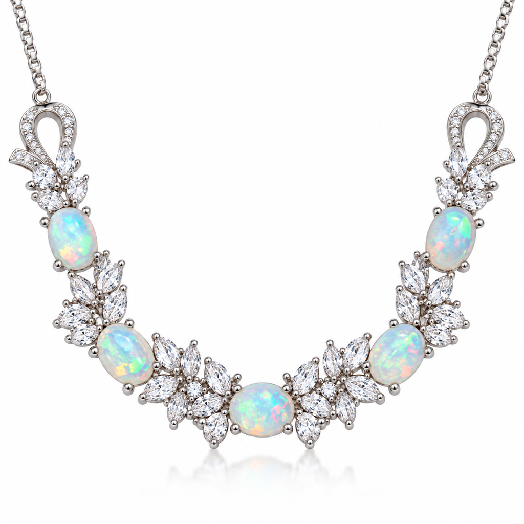 Natural 5x7mm oval fire opal necklace in 925 sterling silver with floral gemstone detailing