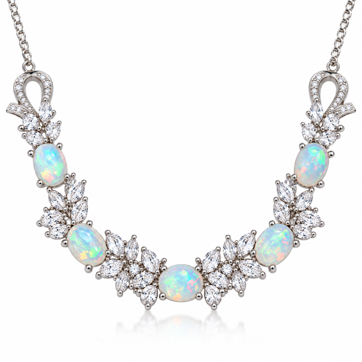 Natural 5x7mm oval fire opal necklace in 925 sterling silver with floral gemstone detailing