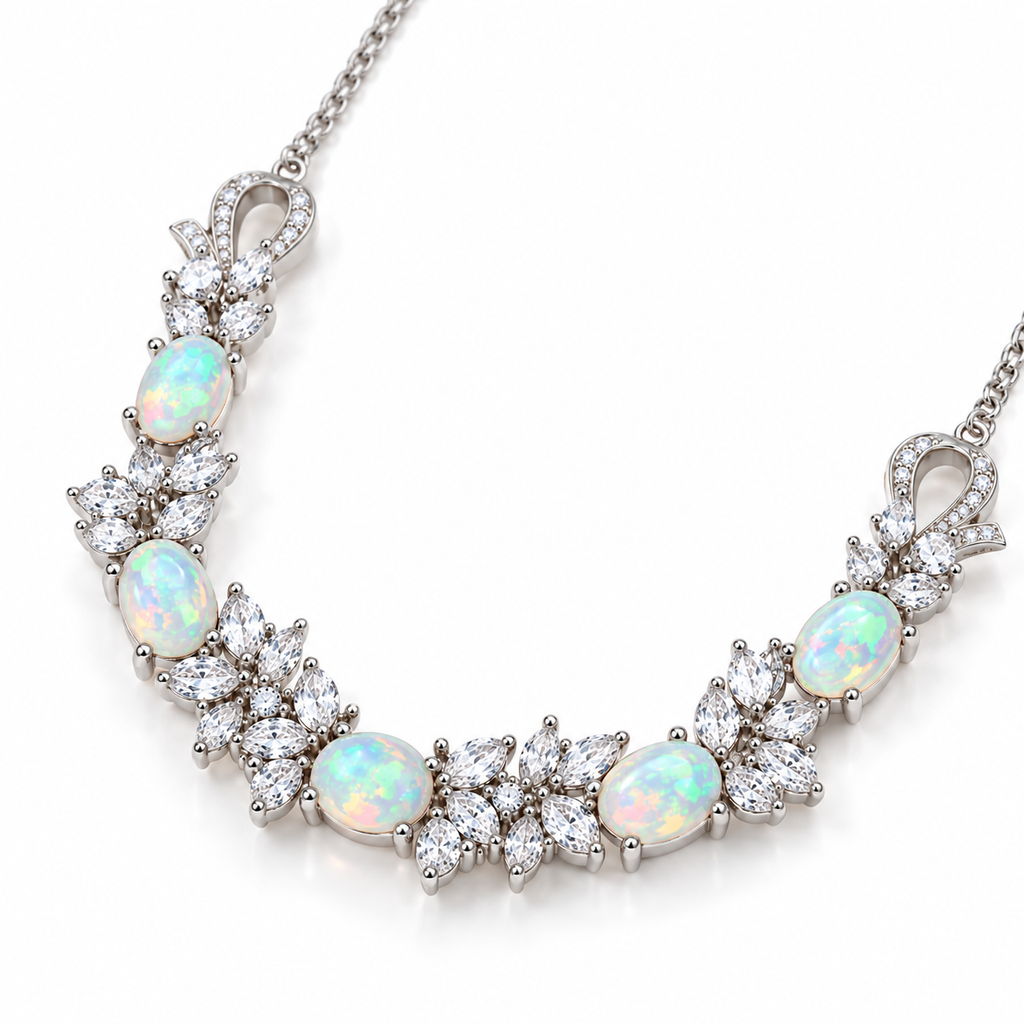 Natural 5x7mm oval fire opal necklace shown from an elegant angled view with sparkling floral accents
