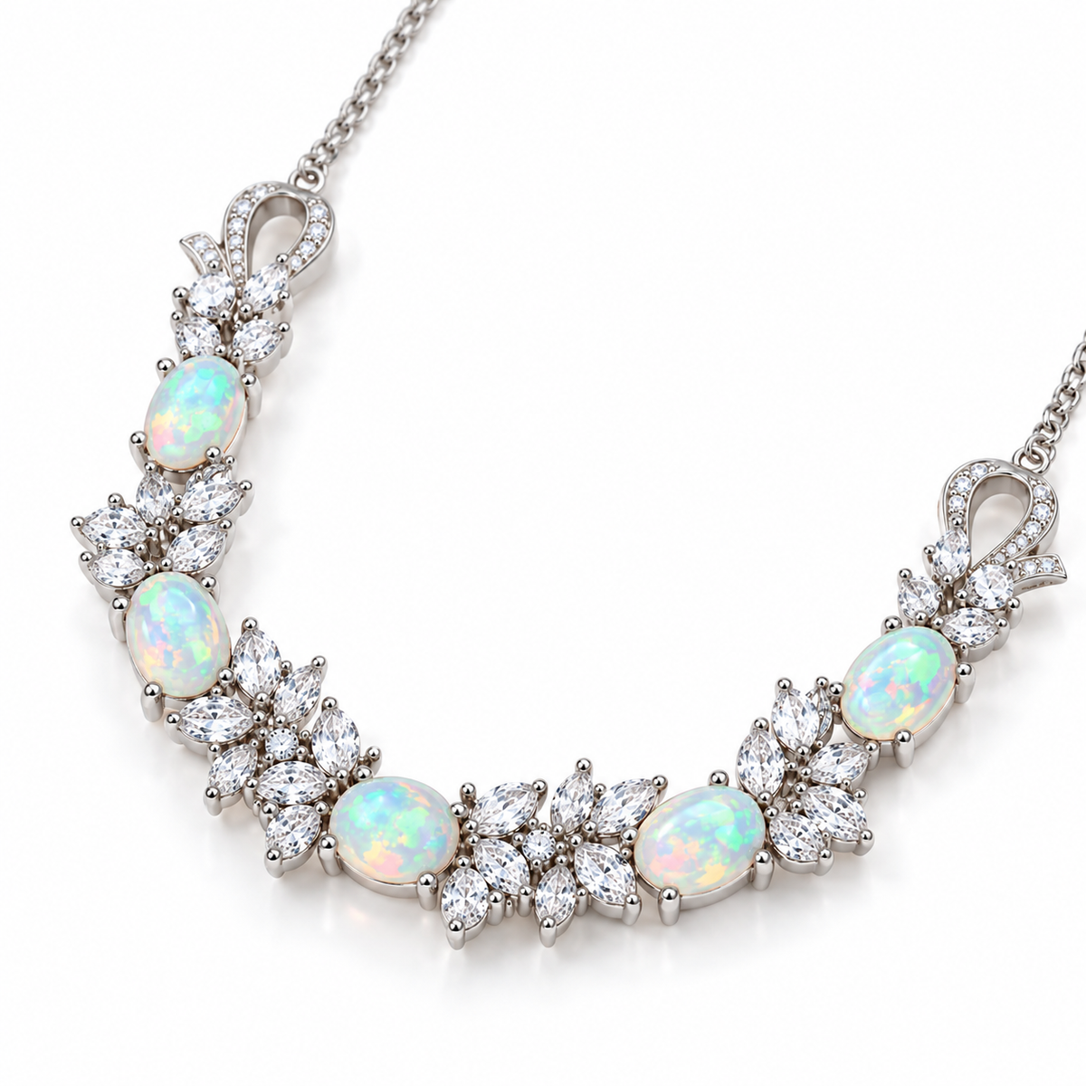 Natural 5x7mm oval fire opal necklace shown from an elegant angled view with sparkling floral accents