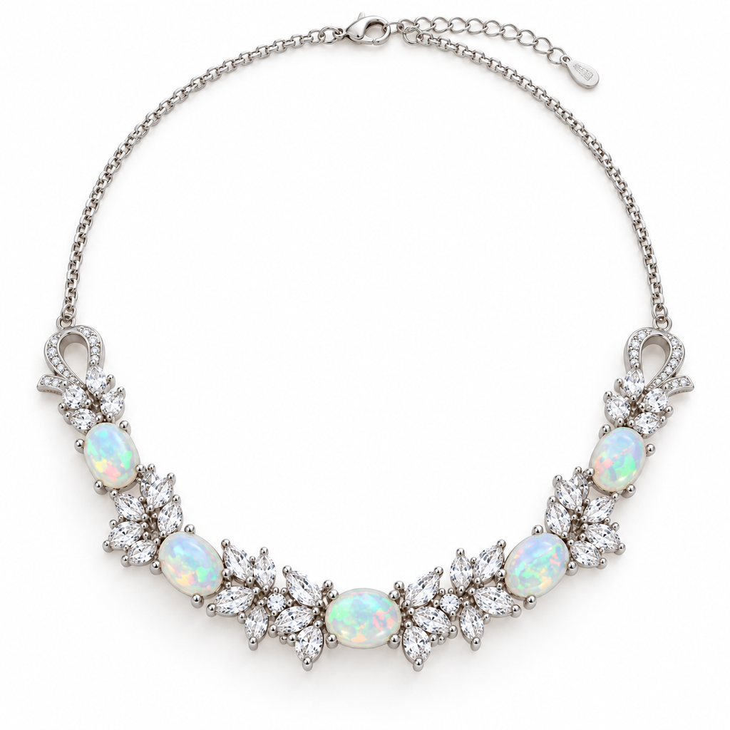 5x7mm natural fire opal necklace showing the oval gemstones and detailed floral sterling silver design