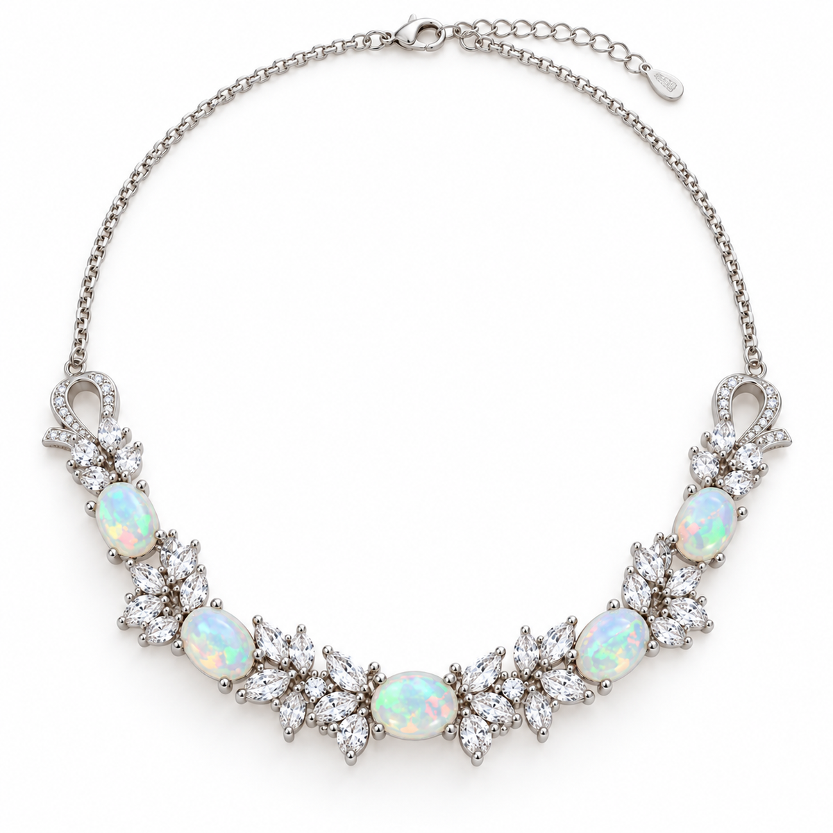 5x7mm natural fire opal necklace showing the oval gemstones and detailed floral sterling silver design