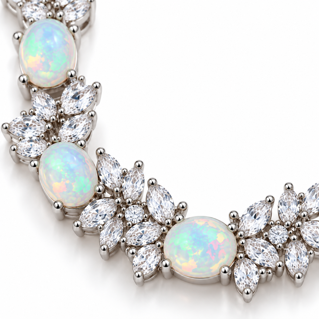 Close-up of natural 5x7mm oval fire opals showing colorful green, blue, pink and peach play-of-color