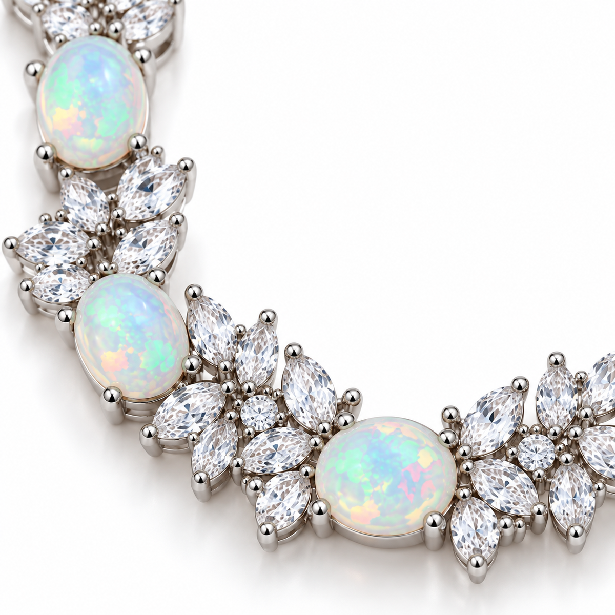 Close-up of natural 5x7mm oval fire opals showing colorful green, blue, pink and peach play-of-color