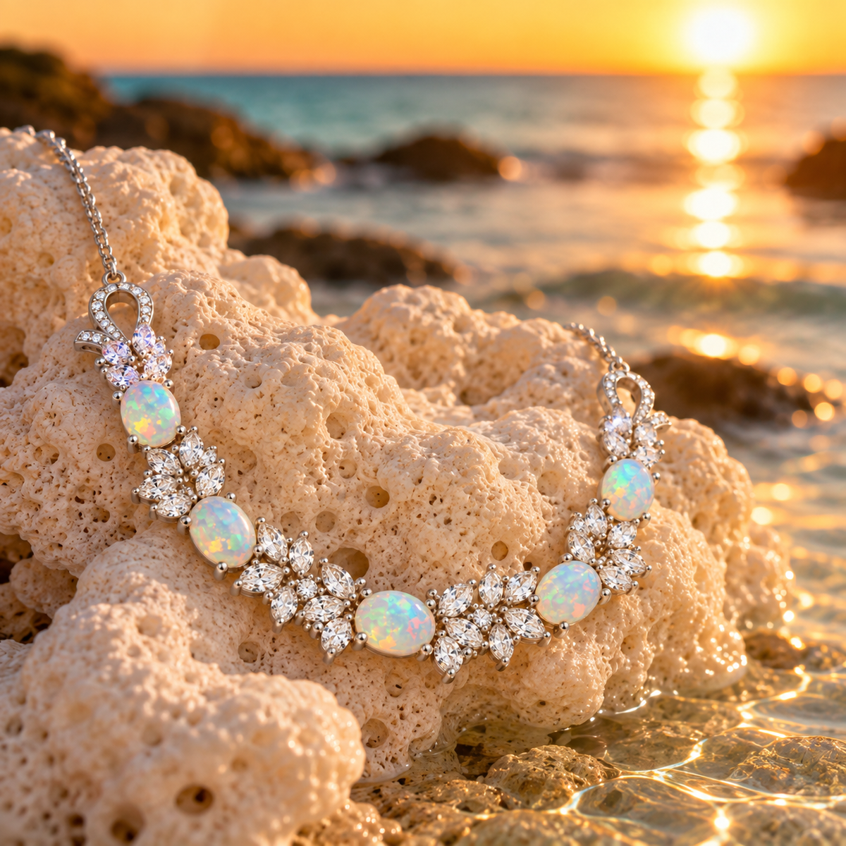 Natural 5x7mm fire opal necklace displayed on coral beside the ocean at sunset