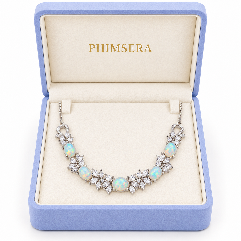 Phimsera natural 5x7mm fire opal necklace presented in a jewelry gift box