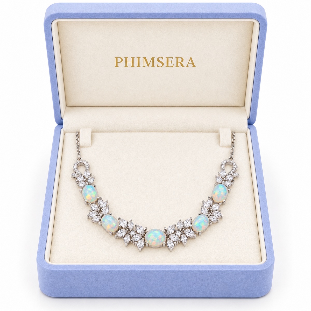 Phimsera natural 5x7mm fire opal necklace presented in a jewelry gift box