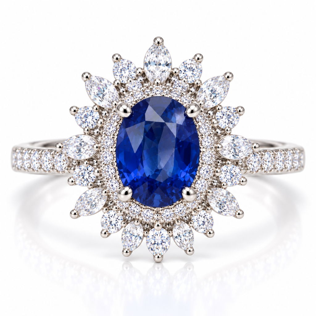 Natural 6×8mm blue sapphire halo ring in 925 Sterling Silver on white background