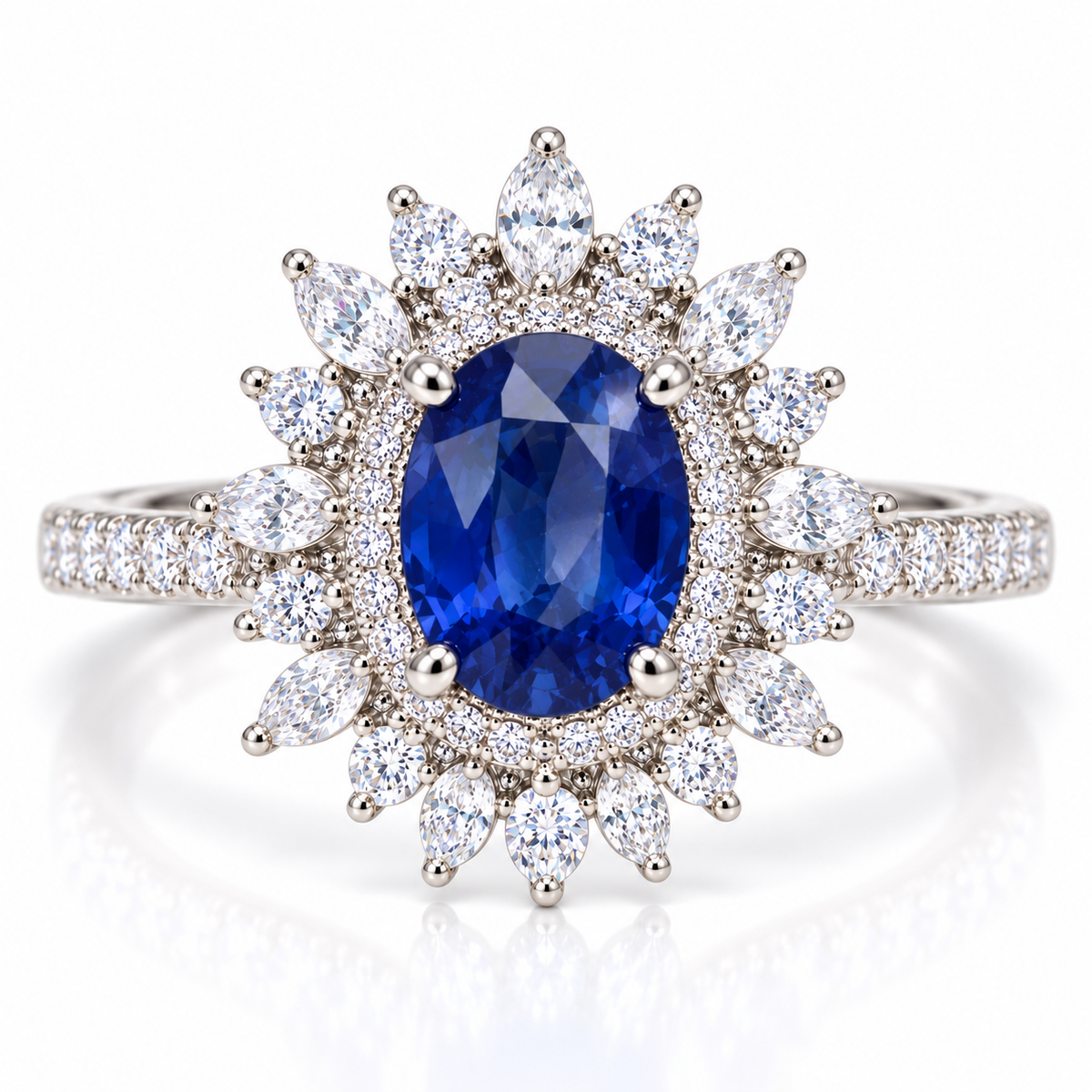 Natural 6×8mm blue sapphire halo ring in 925 Sterling Silver on white background