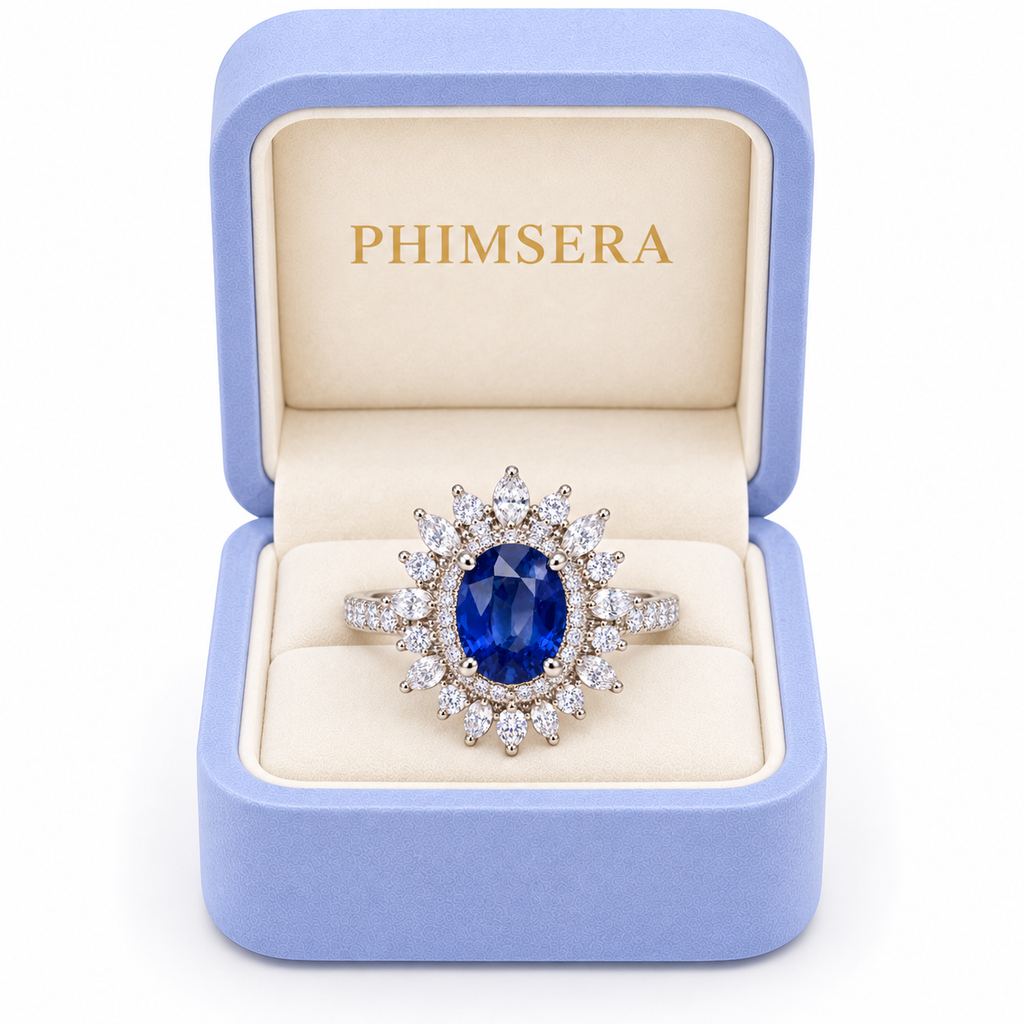 Phimsera natural blue sapphire ring presented in a luxury Phimsera jewelry box