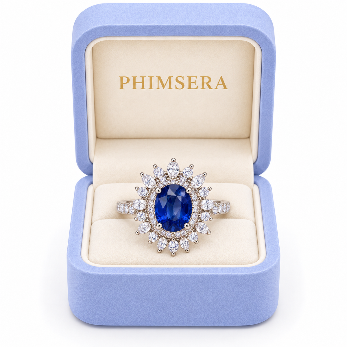 Phimsera natural blue sapphire ring presented in a luxury Phimsera jewelry box