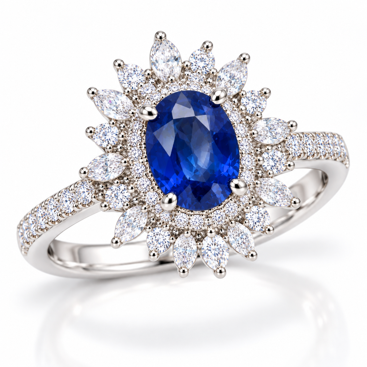 Natural blue sapphire 6×8mm oval ring shown at an angled view with floral halo detailing