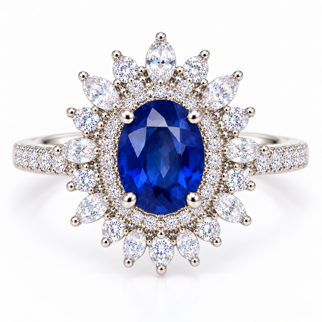 6×8mm natural blue sapphire ring showing layered marquise and round cubic zirconia halo