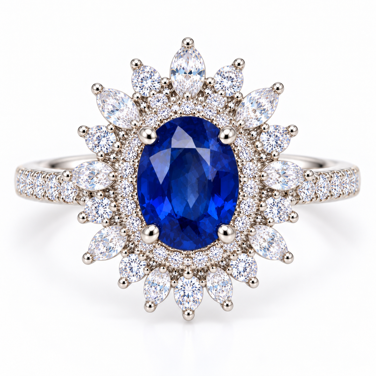 6×8mm natural blue sapphire ring showing layered marquise and round cubic zirconia halo
