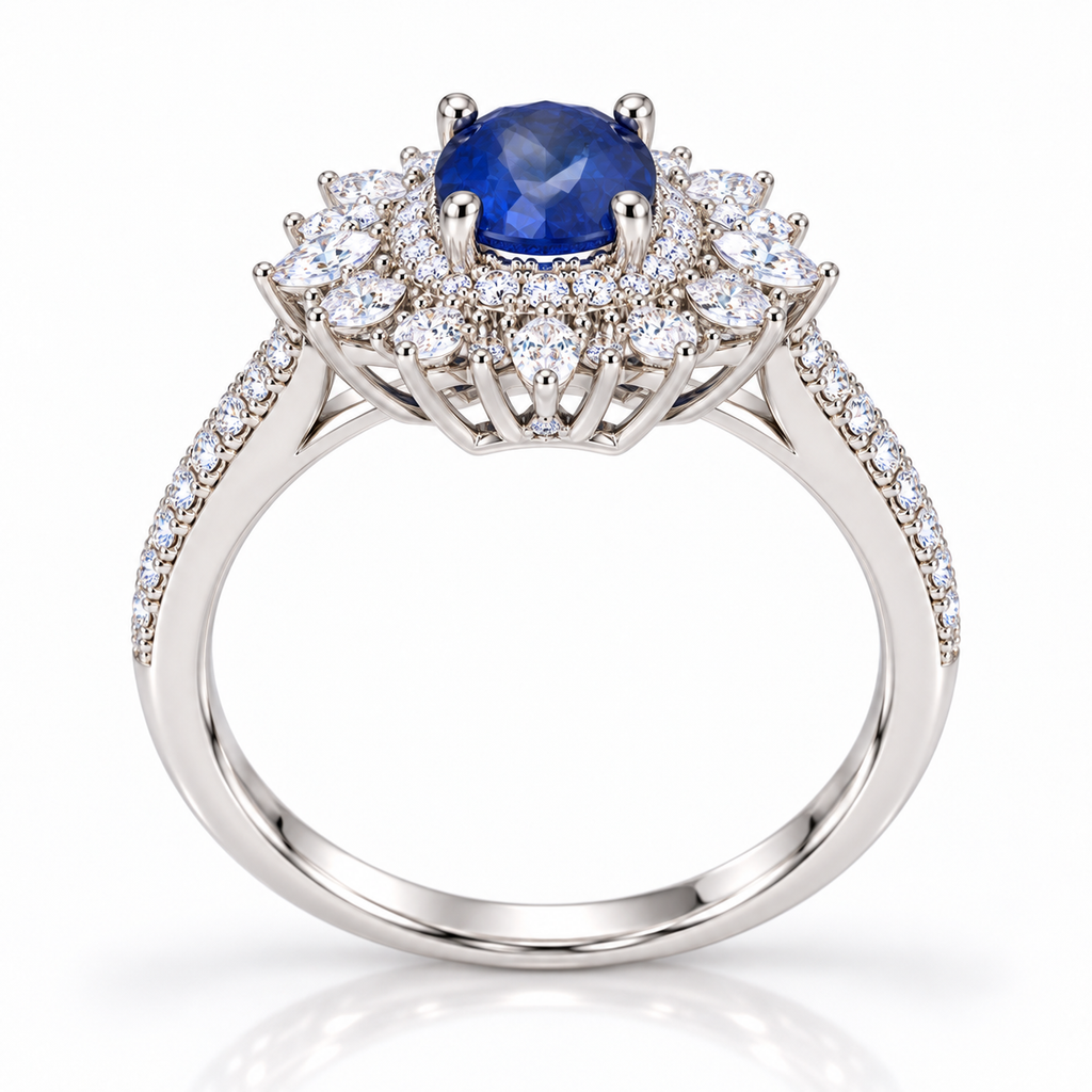 Natural blue sapphire halo ring showing side profile and detailed gemstone setting