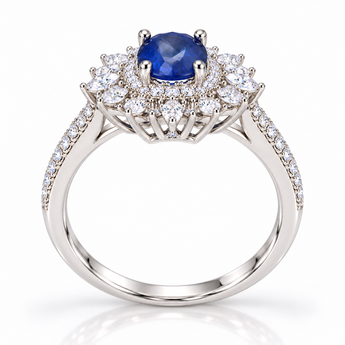 Natural blue sapphire halo ring showing side profile and detailed gemstone setting