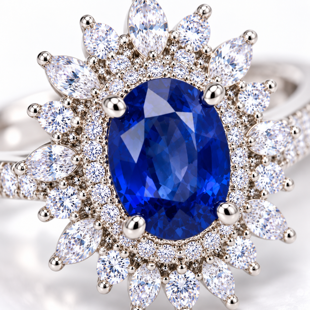 Close-up macro view of 6×8mm natural blue sapphire and surrounding cubic zirconia accents