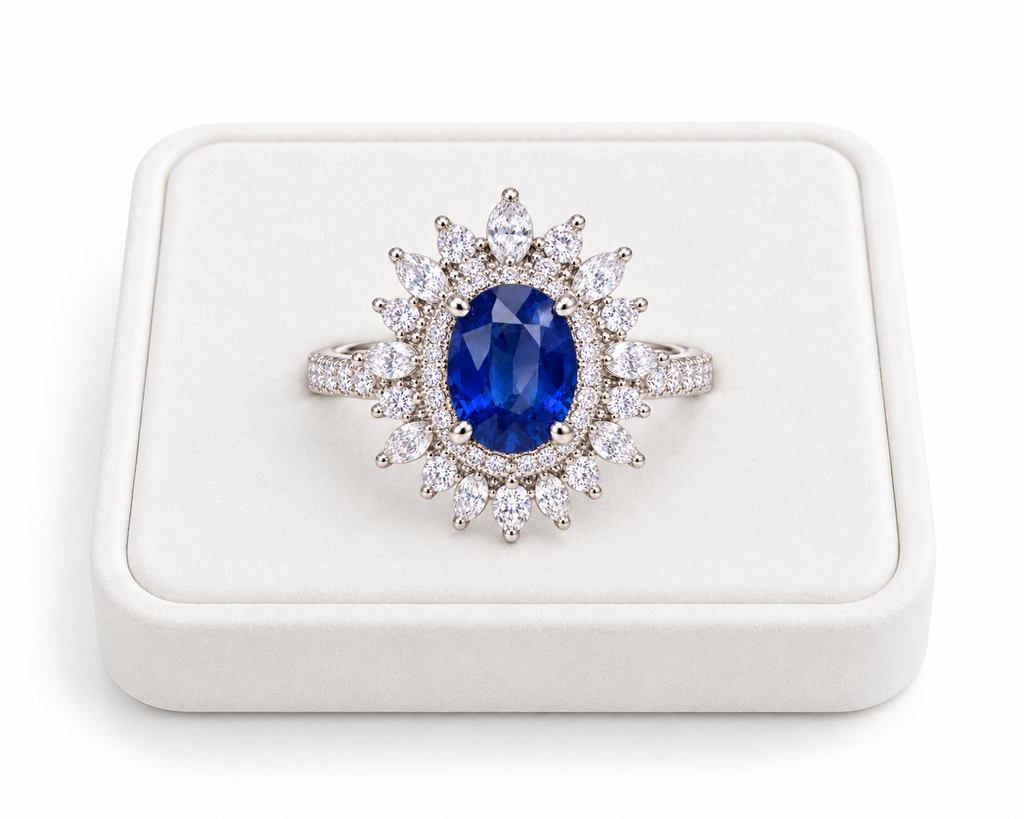 Natural 6×8mm blue sapphire ring displayed on a white velvet jewelry tray