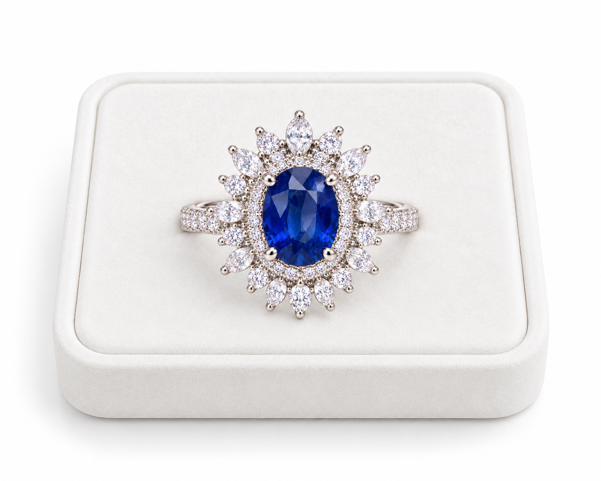 Natural 6×8mm blue sapphire ring displayed on a white velvet jewelry tray