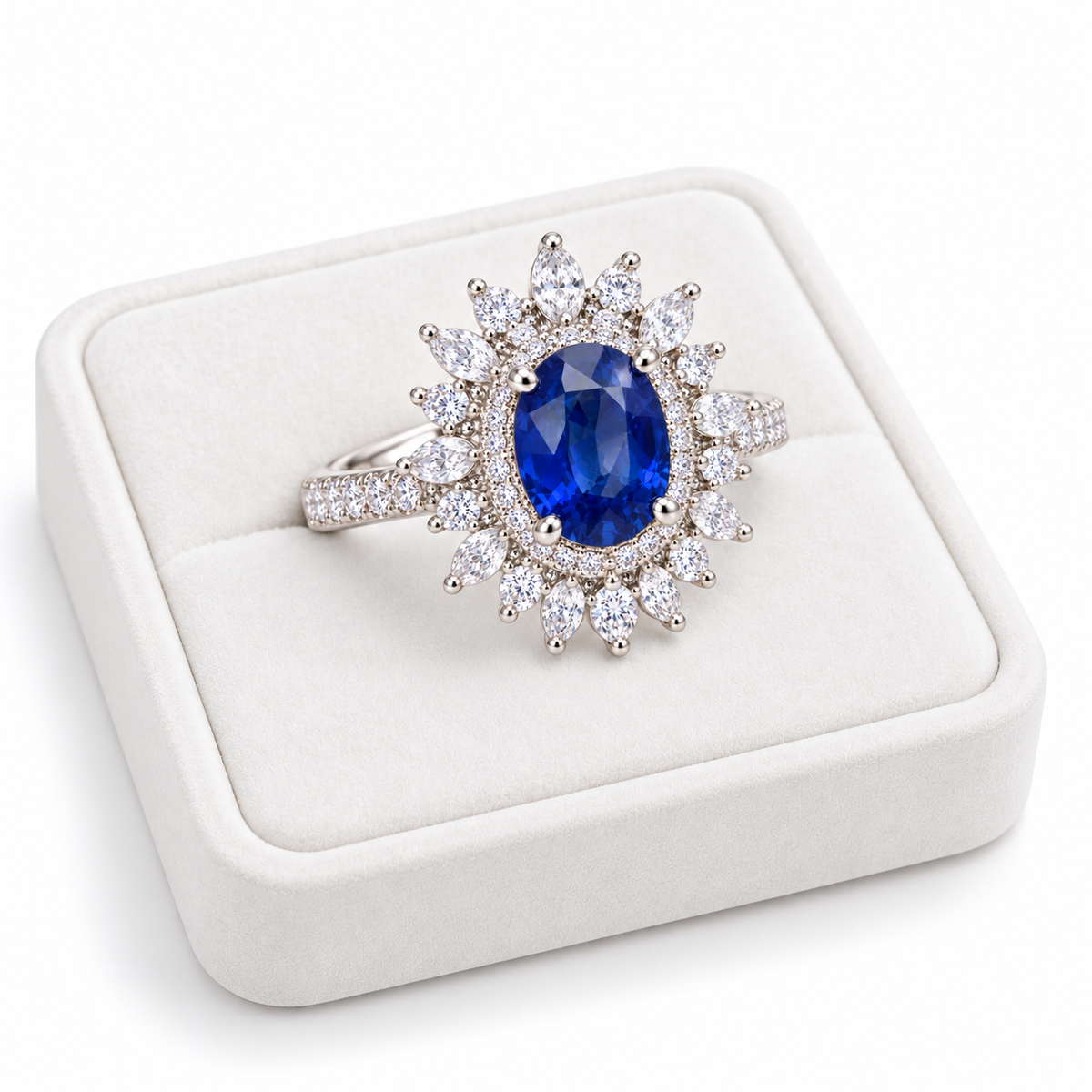 Natural 6×8mm blue sapphire ring displayed on a white velvet jewelry tray